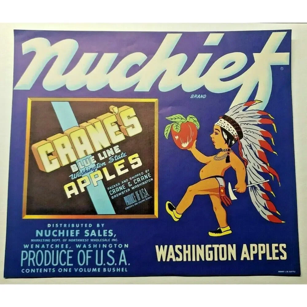 Vintage‎ Nuchief Original 1940s Wenatchee Washington Apples Crate Label (B-2)
